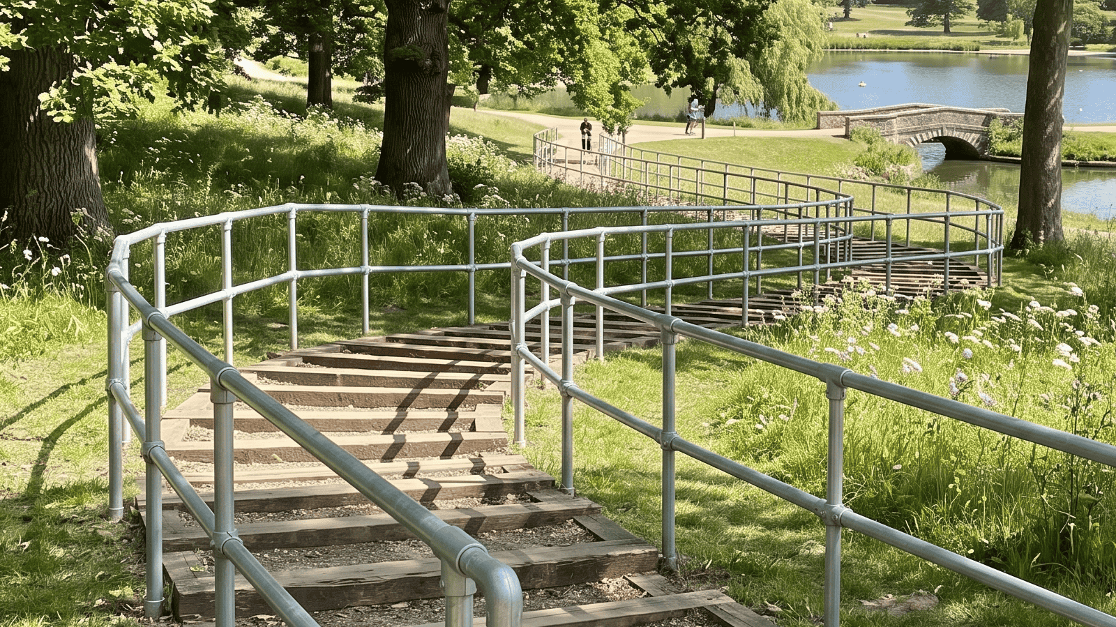 Heavy-duty commercial steel handrails for industrial stairs and ramps